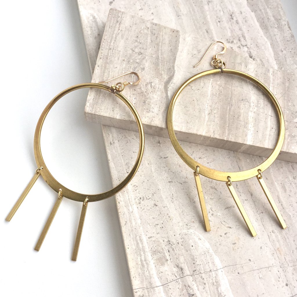 Big Brass Hoop Earrings W/ 3 Bar Dangles